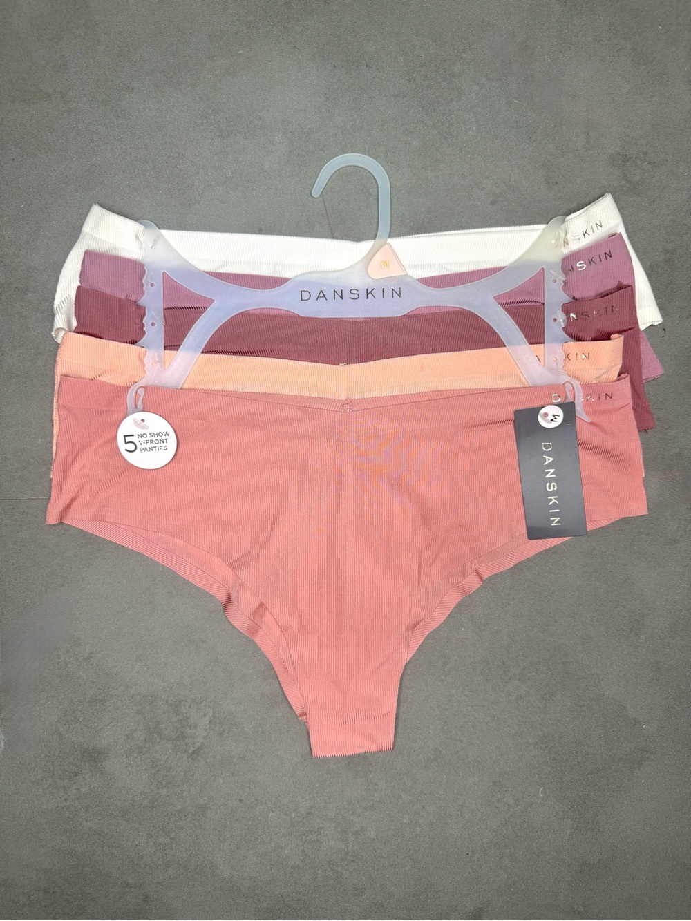 Danskin Women's 5-Pack Ribbed V-Front Panties in Pink, Peach, Mauve & White